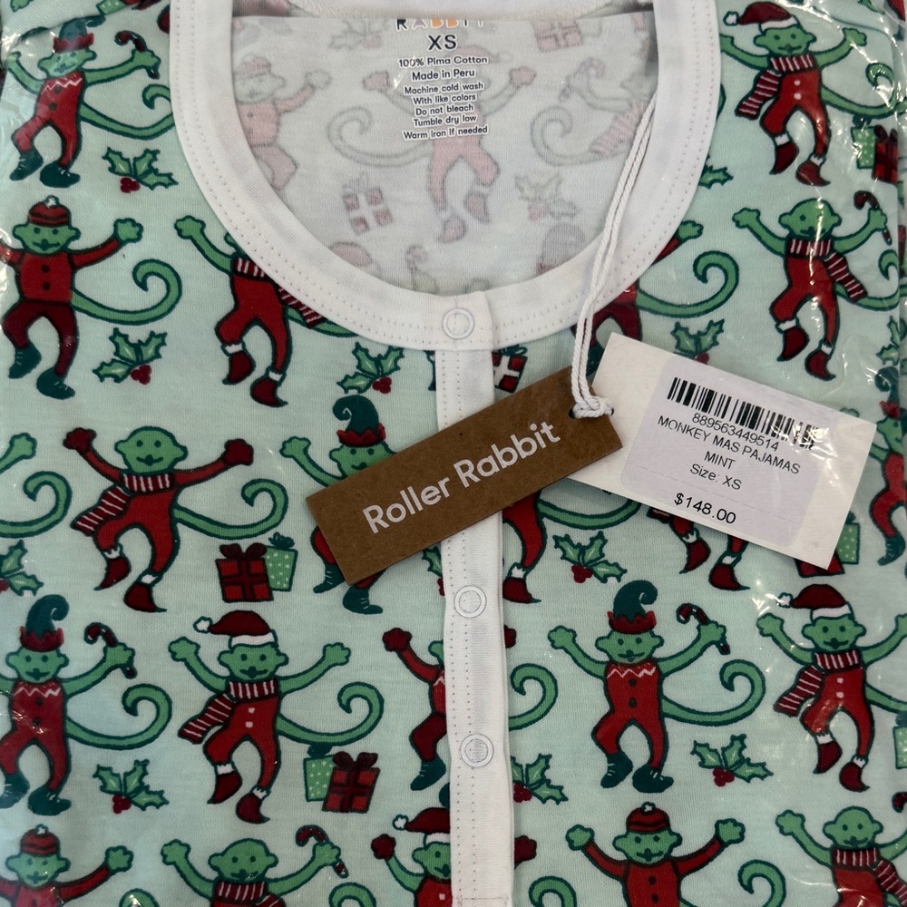NWT Roller Rabbit Green Monkey Mas Print Pajama Henley Set